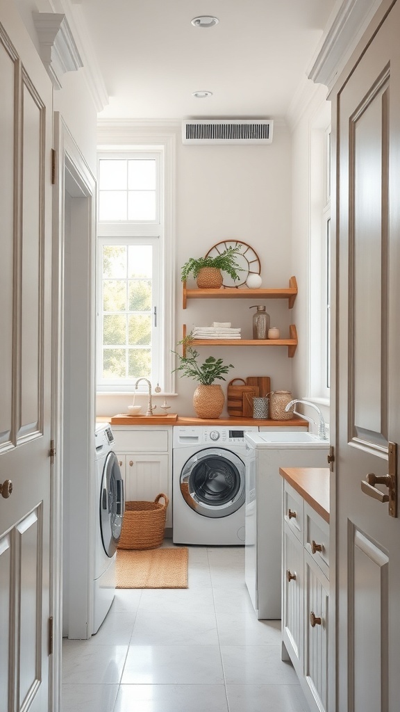 A narrow laundry room featuring large windows, a ceiling vent, and stylish storage solutions.