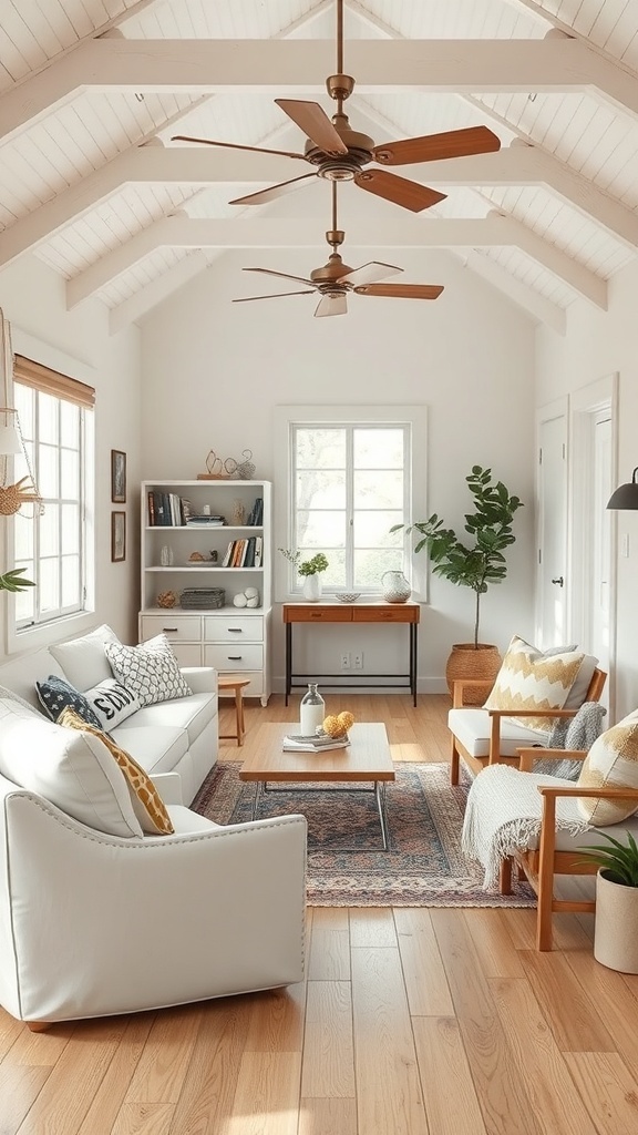 Cozy tiny cottage interior featuring a white sofa, wooden furniture, and natural light.