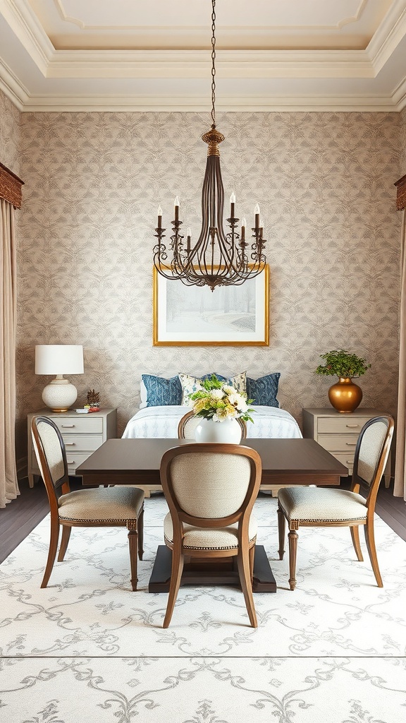 A dining area featuring damask wallpaper, elegant furniture, and a chandelier.