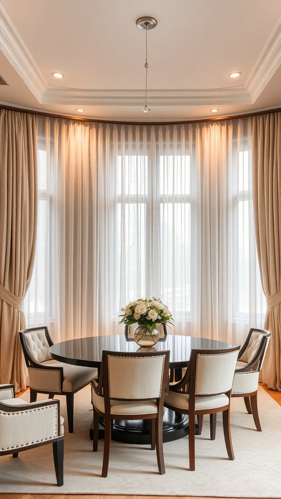 A formal dining area with double curtain rods, featuring sheer and heavy drapes, a round table, and elegant chairs.