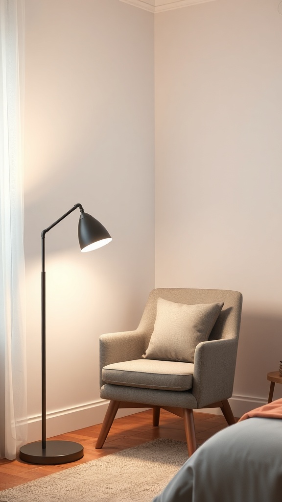 A cozy reading corner featuring a stylish floor lamp and a comfortable chair.