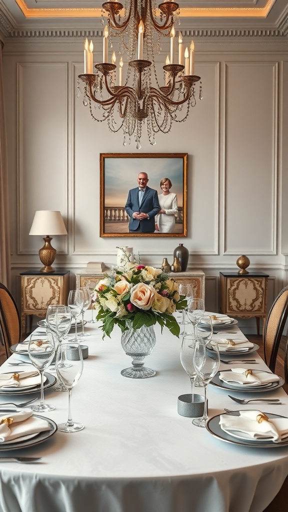 A beautifully arranged formal dining table with a floral centerpiece and elegant tableware.
