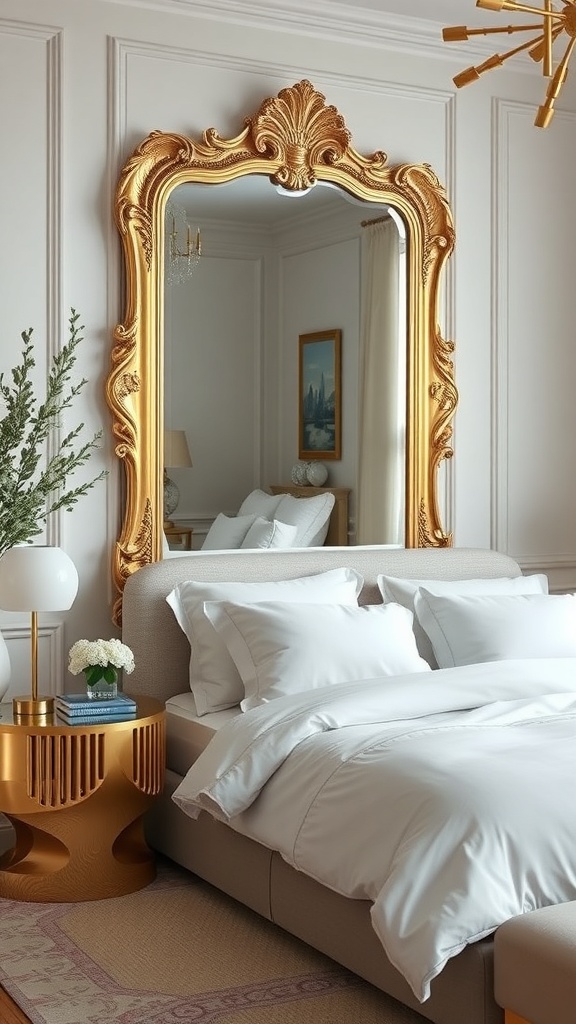 A beautifully ornate gold-framed mirror in a stylish bedroom setting.