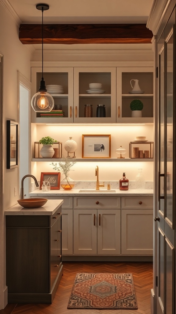 A well-designed butler's pantry featuring a pendant light, under-cabinet lighting, and stylish decor.