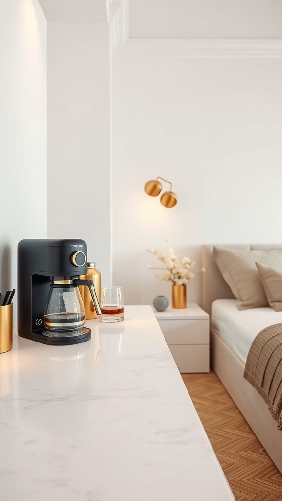 Elegant marble coffee station with a sleek coffee maker and gold accents.
