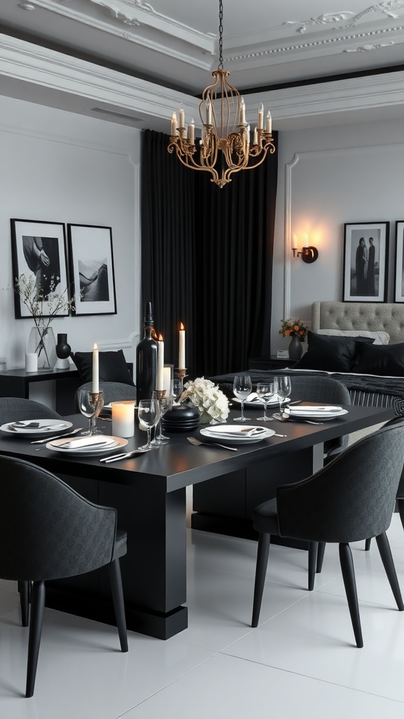 A stylish monochrome dining table set with black chairs, white plates, and elegant glassware.