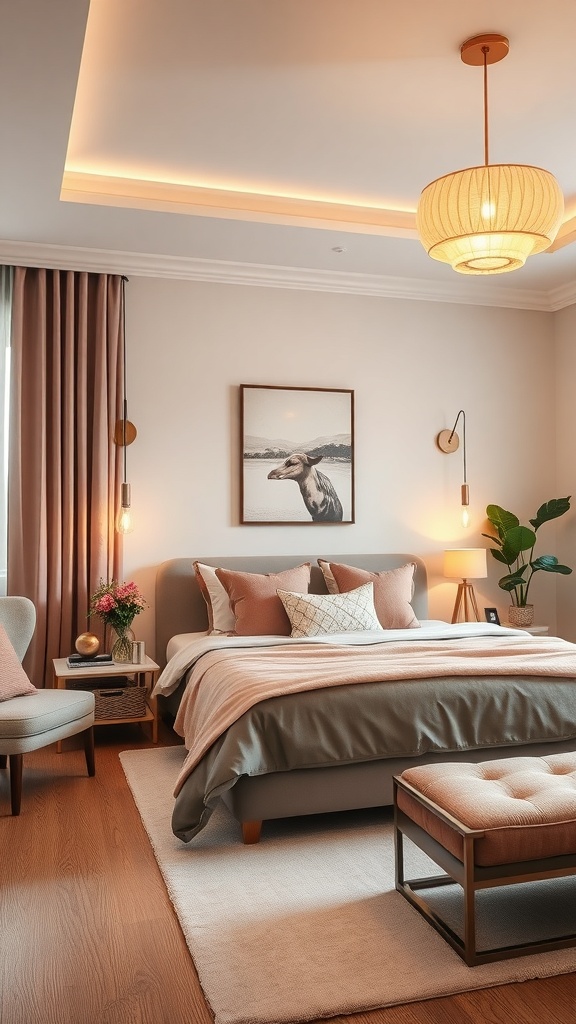 A stylish pink bedroom featuring rose gold fixtures, soft bedding, and elegant decor.