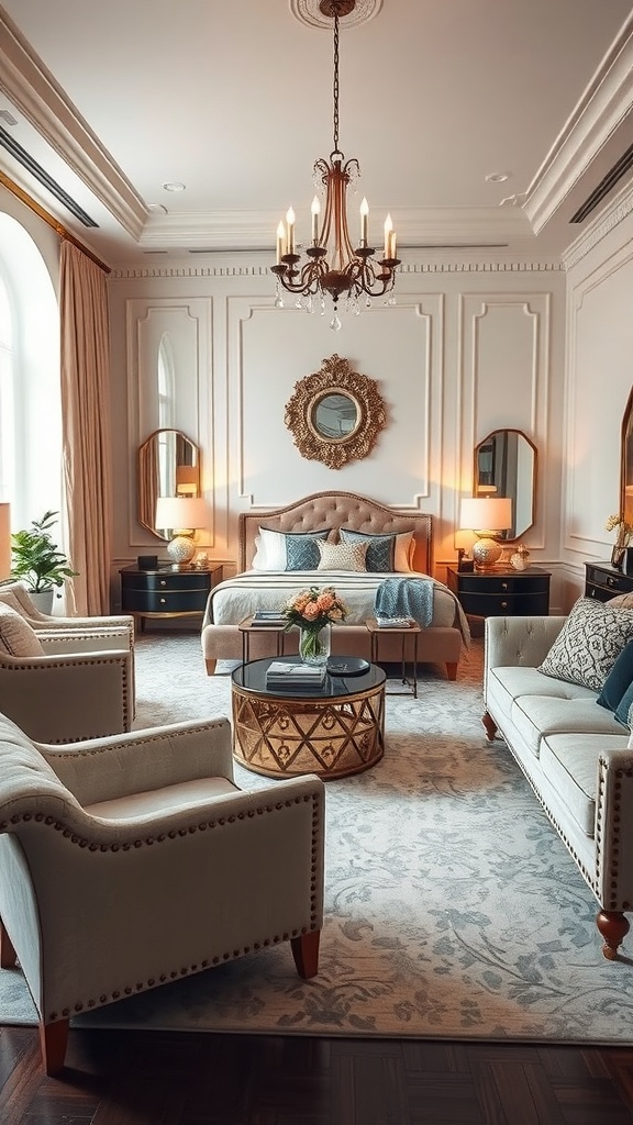 Elegant seating arrangement in a glam room with plush chairs and a stylish coffee table.