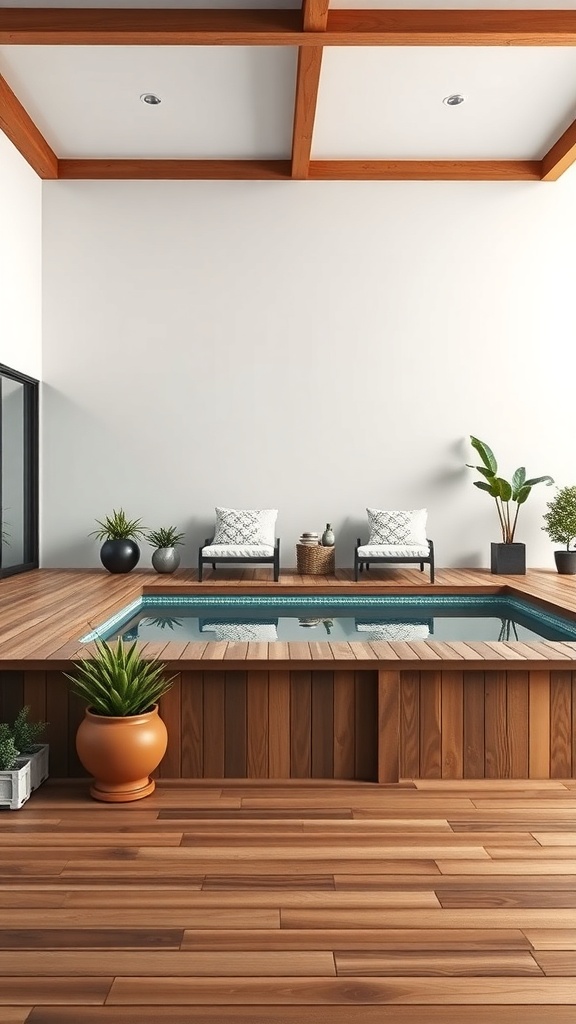 A wooden deck surrounding an above-ground pool, featuring two chairs and potted plants.