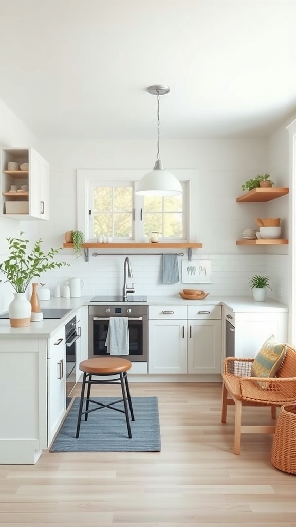 A minimalist tiny farmhouse kitchen featuring open shelves, light colors, and natural materials.