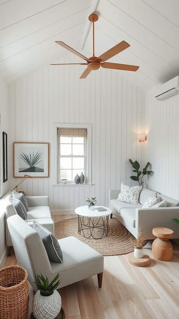 A minimalist living space in a tiny beach house featuring light wood floors, soft gray furniture, and plants.