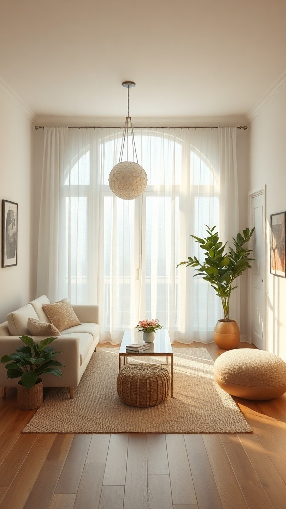 A tiny living room with open curtains, bright sunlight, and plants, creating a cozy atmosphere.