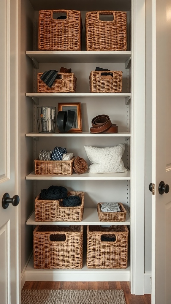 Organized closet with woven baskets on shelves, displaying various small items.