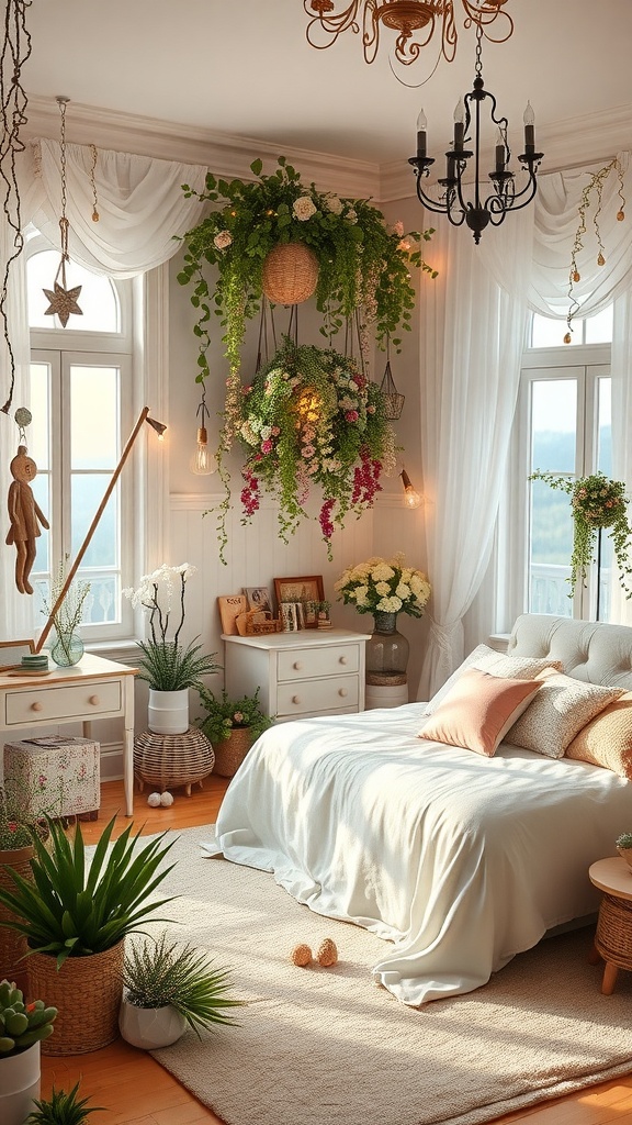 A cozy children's room with hanging plants, soft bedding, and warm lighting, creating a fairy garden atmosphere.