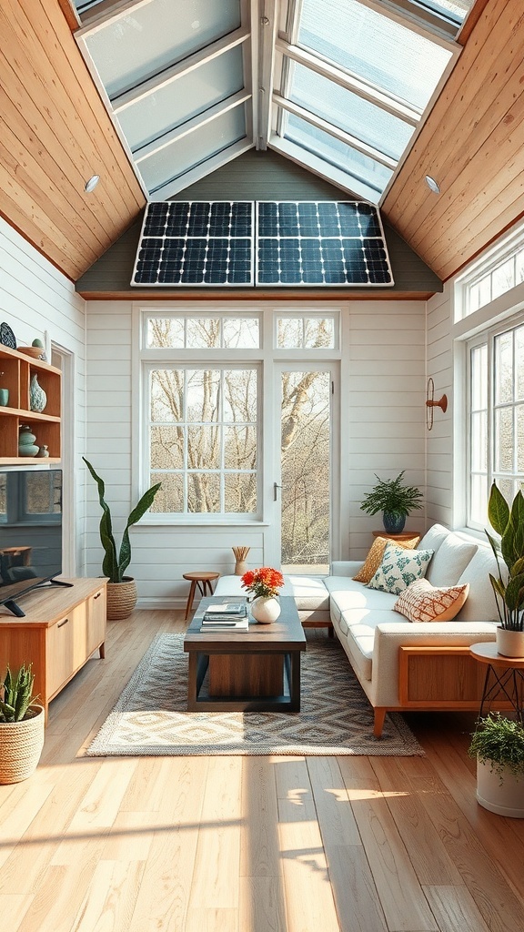 Interior of a tiny house with solar panels and large windows for natural lighting.