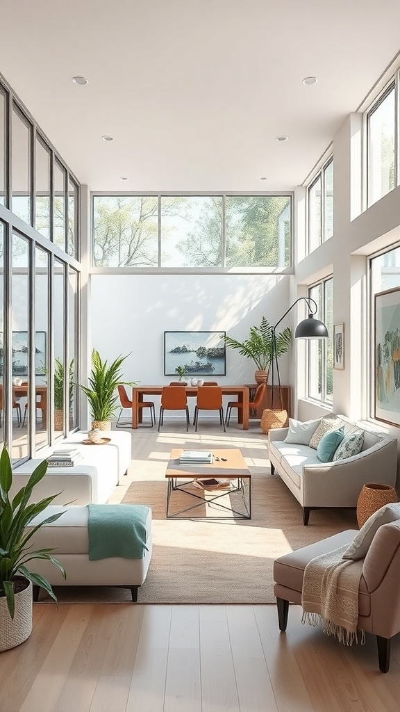 A bright room with large glass partitions, showcasing a blend of wood and glass elements, and filled with natural light.