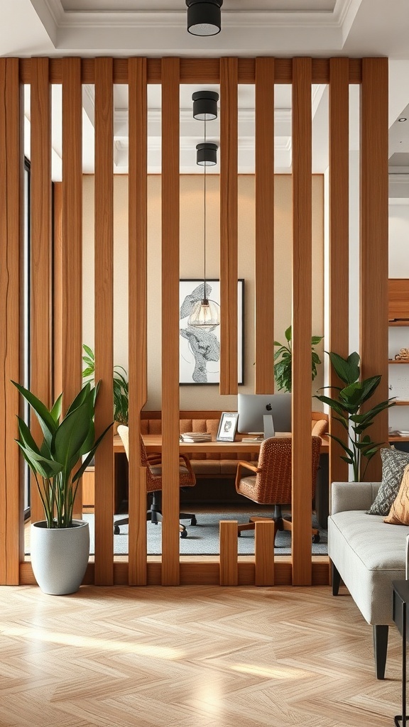 A stylish wooden partition with a cozy office area behind it, featuring plants and modern furnishings.