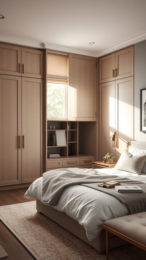 A cozy bedroom showcasing a stylish storage partition with a natural wood wardrobe and built-in shelving.