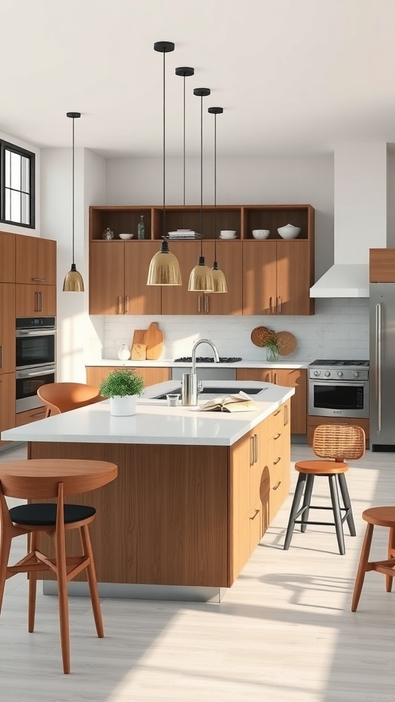 A modern kitchen with an expandable island, featuring natural wood cabinets and stylish pendant lights.