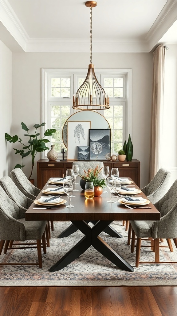 A cozy dining setup featuring an expandable table set for dinner with elegant tableware and comfortable chairs.