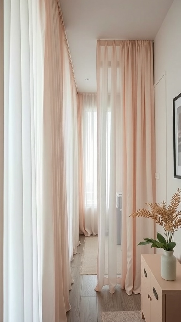 A hallway with soft pastel fabric curtains creating a gentle separation between spaces.