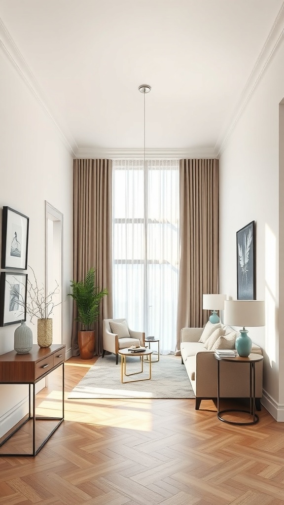 An interior scene showcasing fabric drapes that separate spaces in a foyer.
