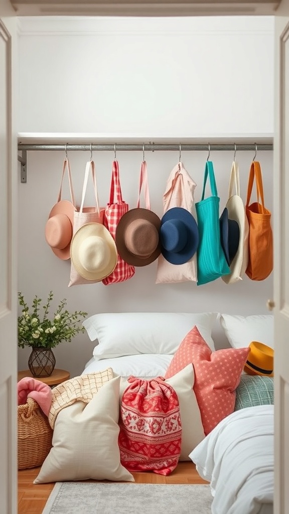A collection of hats stored in fabric bags hanging on a rod, with colorful pillows and a cozy setup in the background.