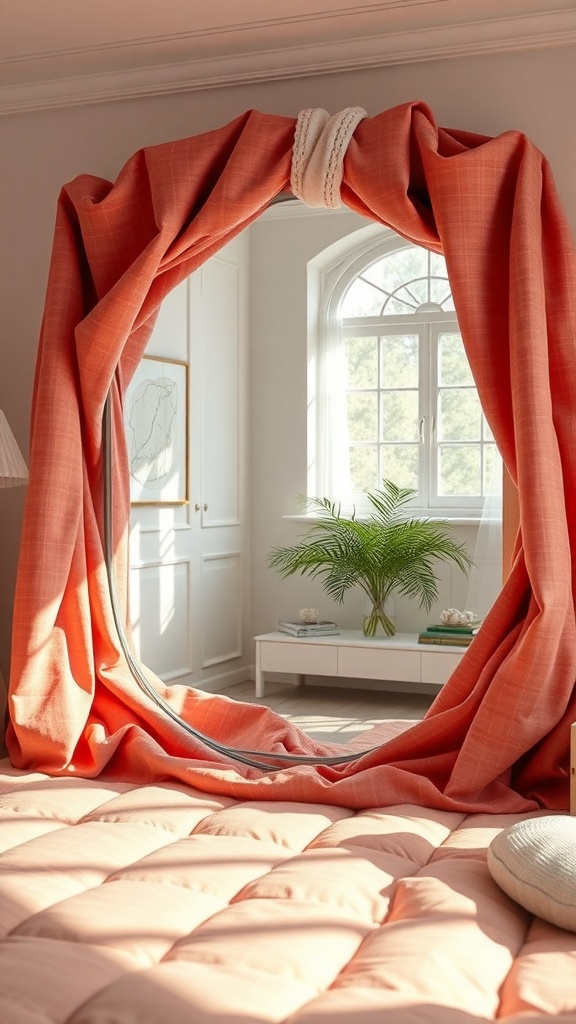 A mirror framed with coral fabric, creating a soft and inviting look in a bright room.
