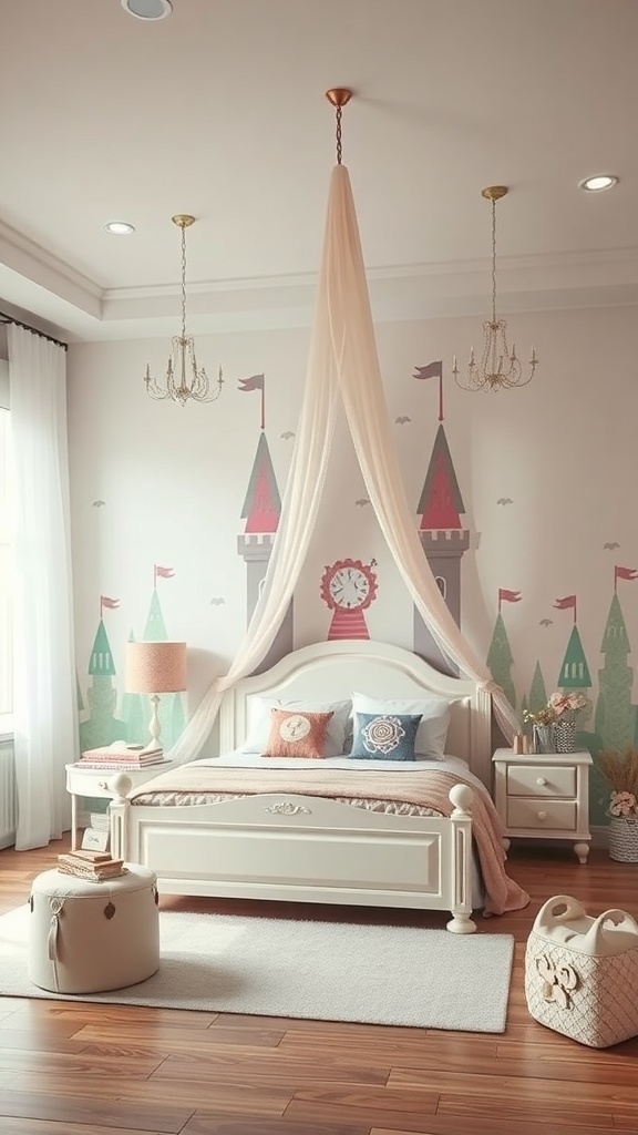 A children's room designed like a fairy tale castle, featuring castle-themed wall art, a bed with a canopy, and whimsical decor.