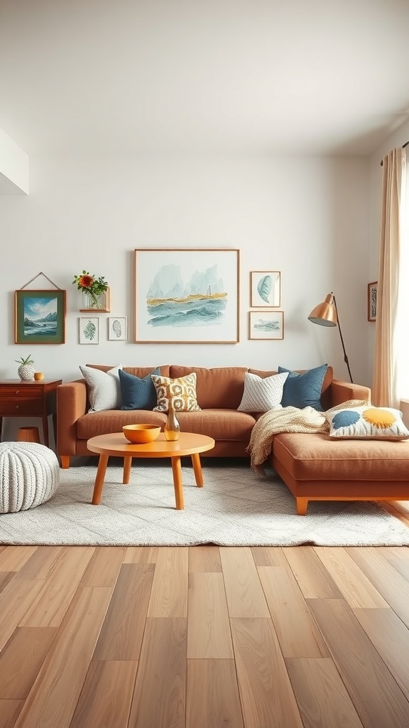Cozy living room featuring a brown sofa with colorful cushions, a round coffee table, and decorative wall art.