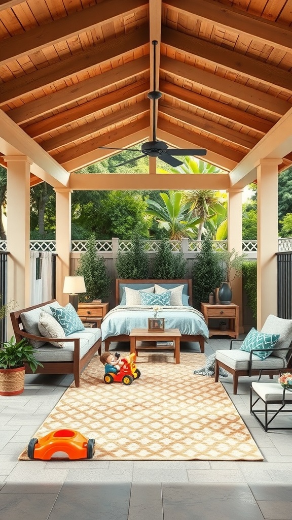 Cozy covered outdoor patio with a play area for kids, featuring comfortable seating and toys.
