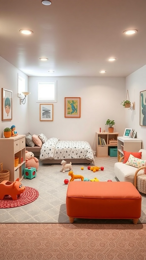 A cozy basement playroom with colorful toys, a comfortable couch, and bright lighting.