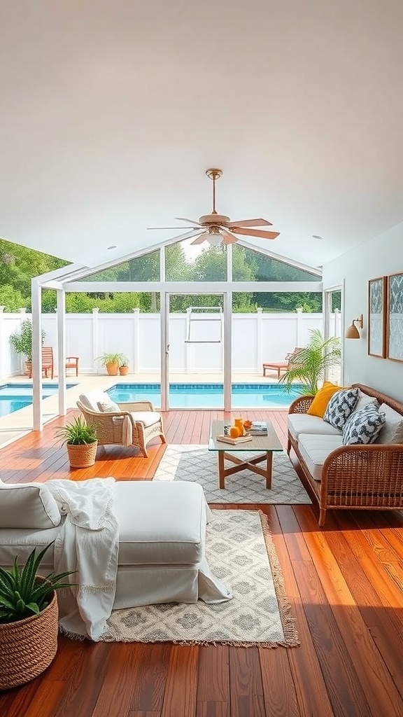Cozy above ground pool deck with seating and a view of the pool