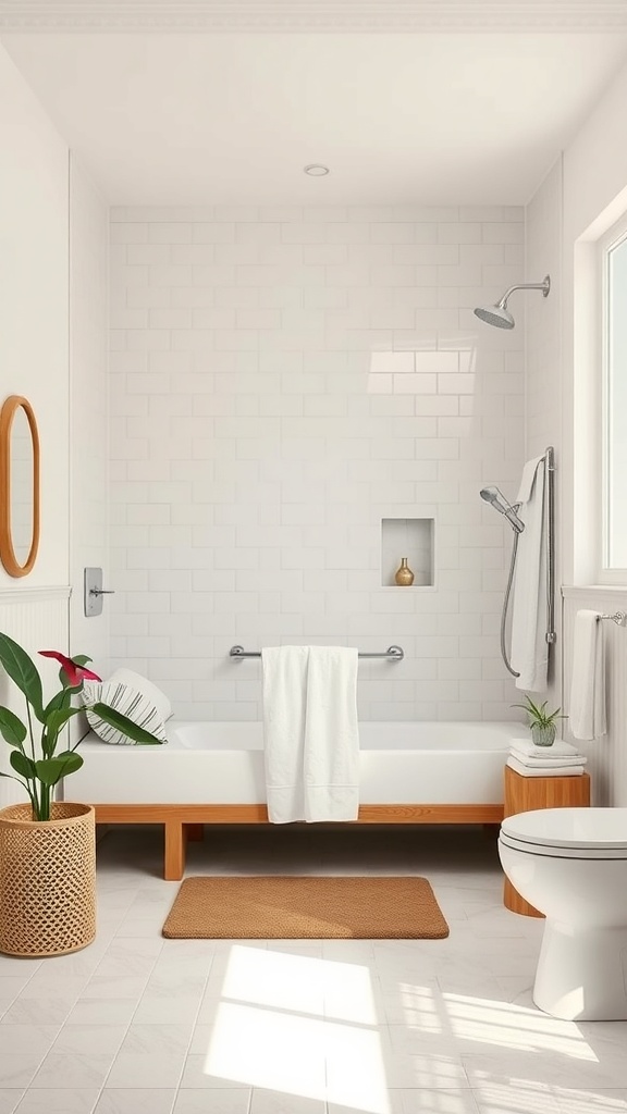 Family-friendly shower room with a bathtub, handheld showerhead, grab bars, and plants.