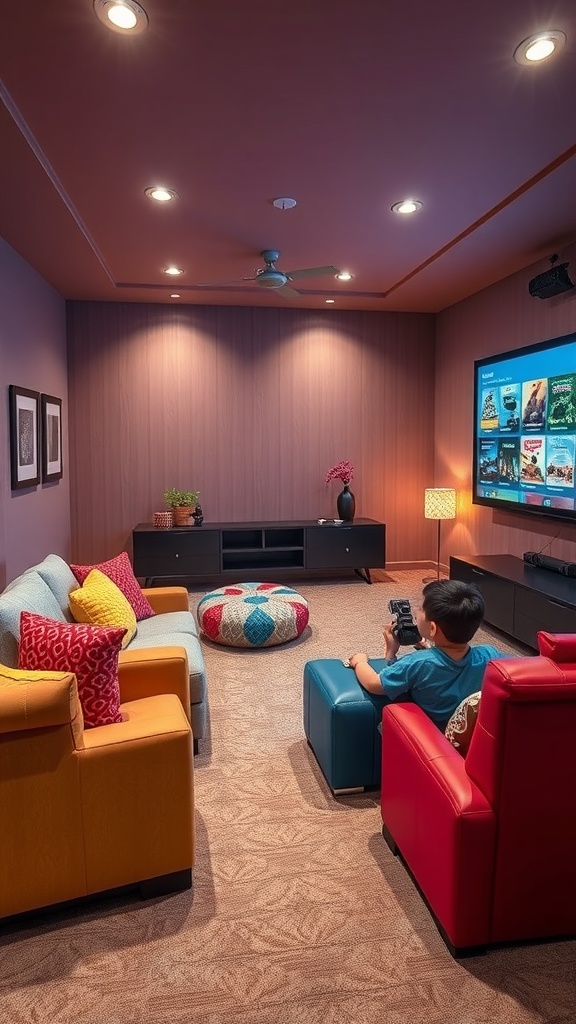 A cozy family-friendly viewing area with colorful seating and a child holding a game controller.