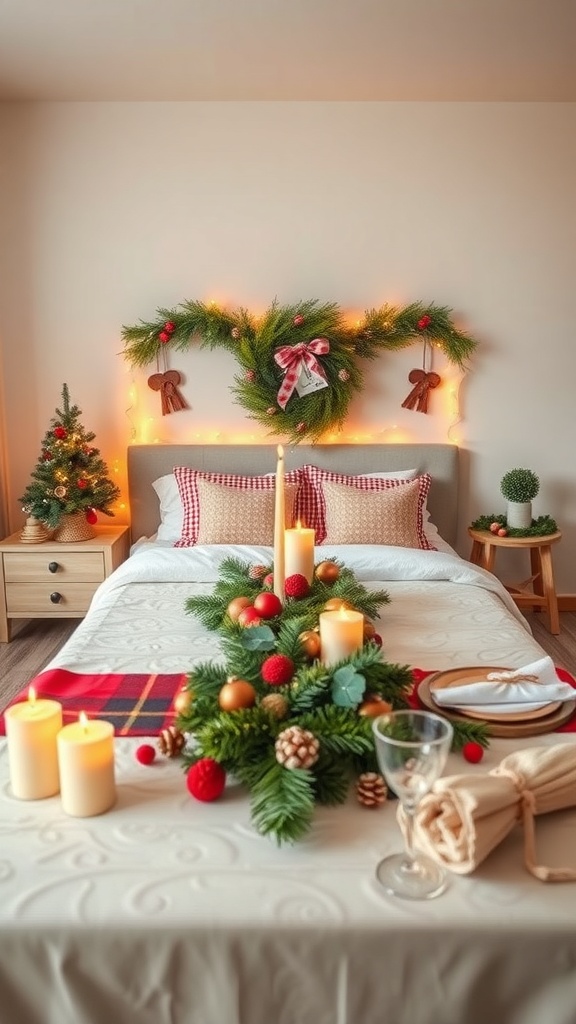 A beautifully decorated holiday table featuring candles, pine branches, and ornaments.