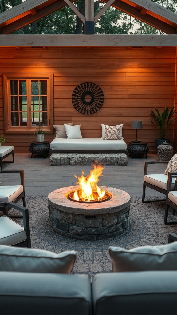 A cozy outdoor seating area featuring a stone fire pit surrounded by comfortable chairs.