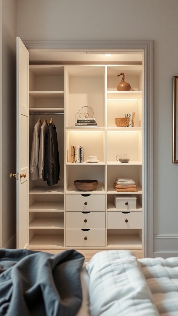 A fitted wardrobe with adjustable shelving, showcasing organized clothing and decorative items.