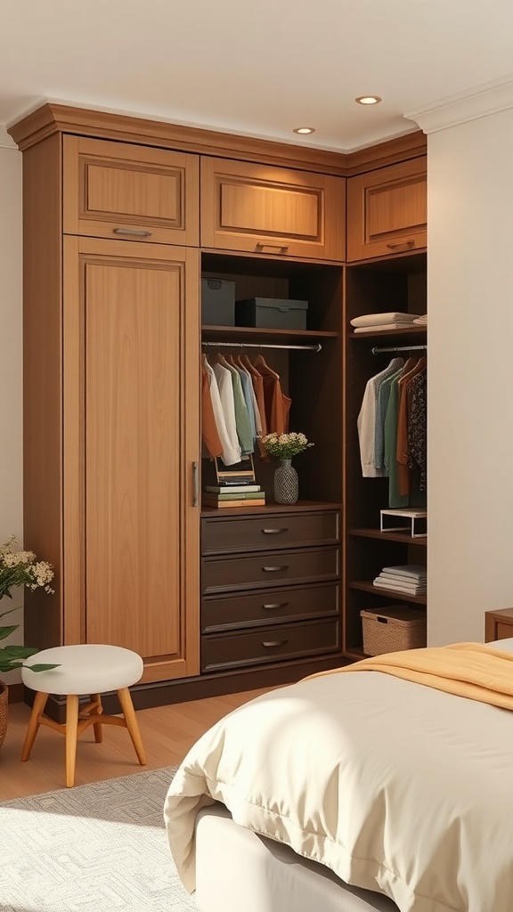 A fitted wardrobe with built-in dressers, featuring warm wood tones and organized clothing storage.