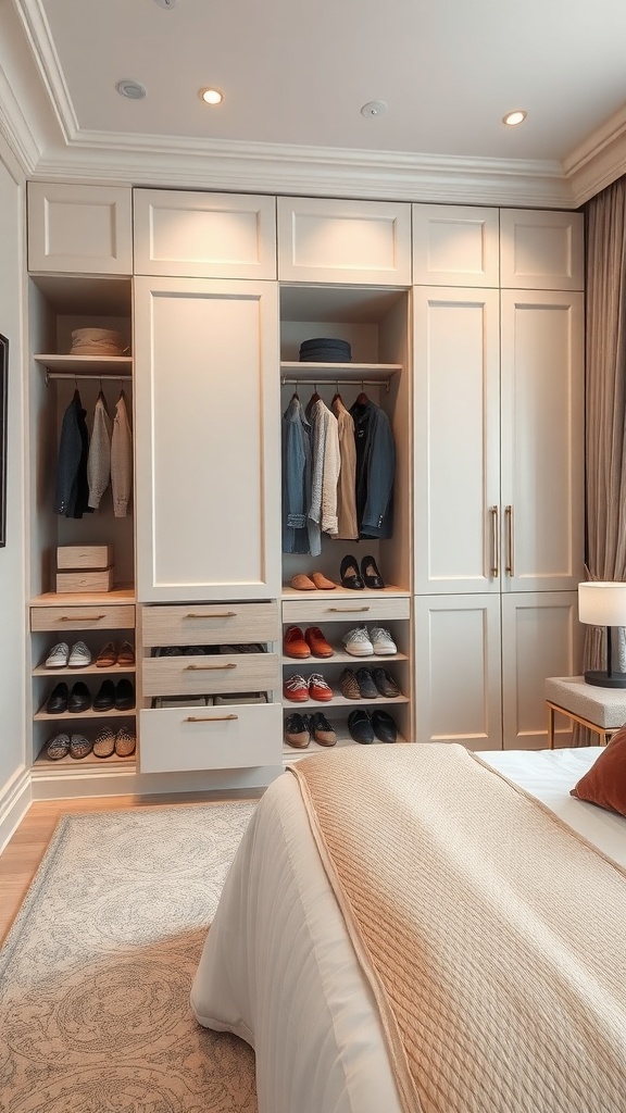A fitted wardrobe with shoe storage solutions, featuring open shelves for shoes and drawers for accessories.