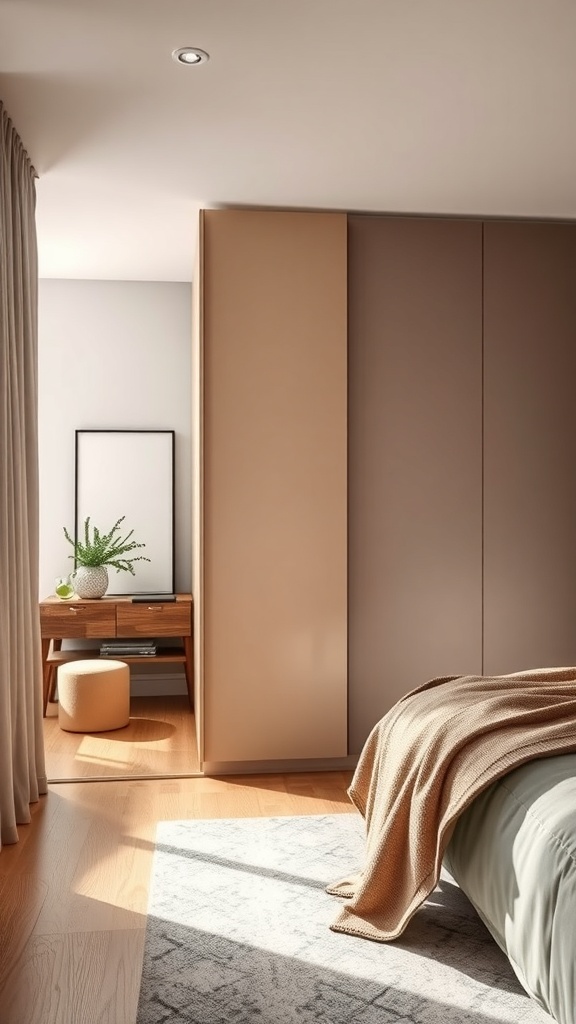 A modern bedroom featuring a fitted wardrobe with sliding doors, warm tones, and natural light.