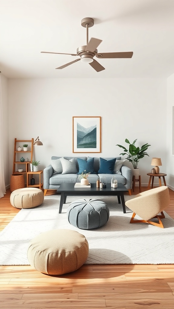 A cozy living room with a light blue sofa, colorful cushions, poufs, and a unique chair, showcasing flexible seating options.