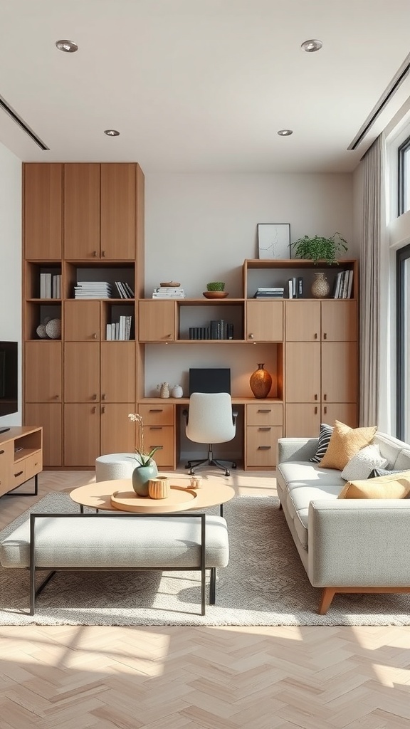 Modern living space with flexible storage partitions, featuring wooden cabinets and a cozy seating area