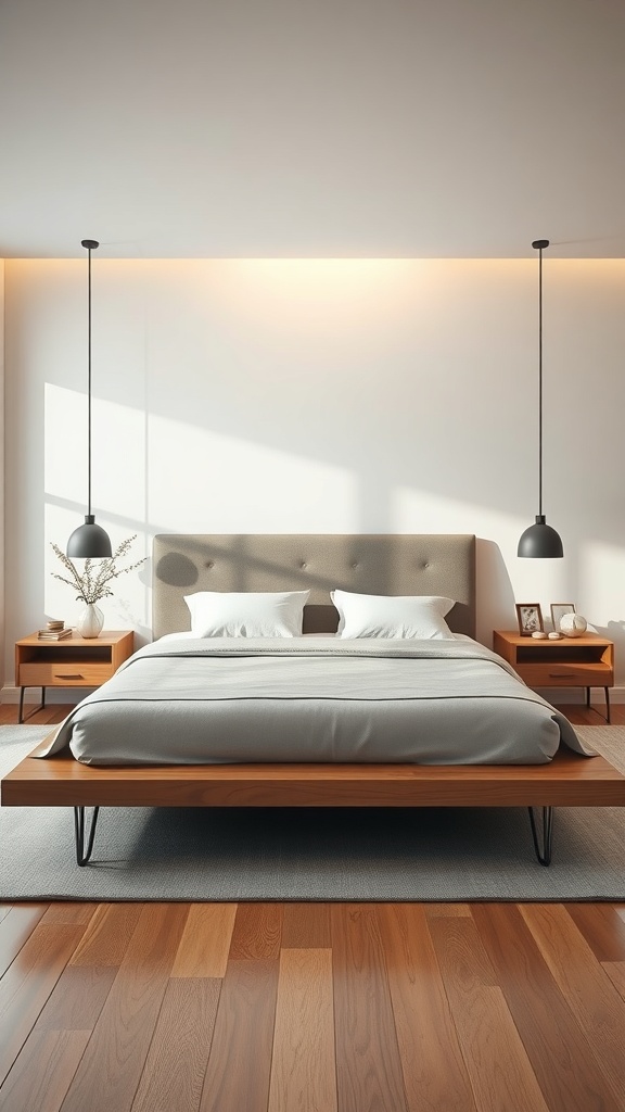 A modern floating bed design with a wooden base and upholstered headboard, complemented by pendant lights and minimalistic bedside tables.
