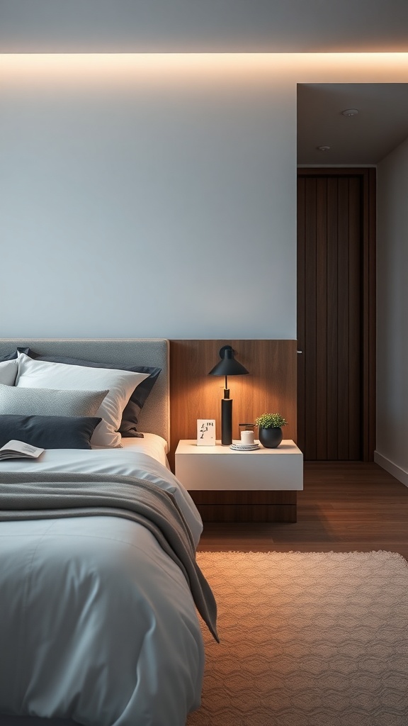 A modern bedroom featuring a floating nightstand with LED lighting, a lamp, and a small plant.