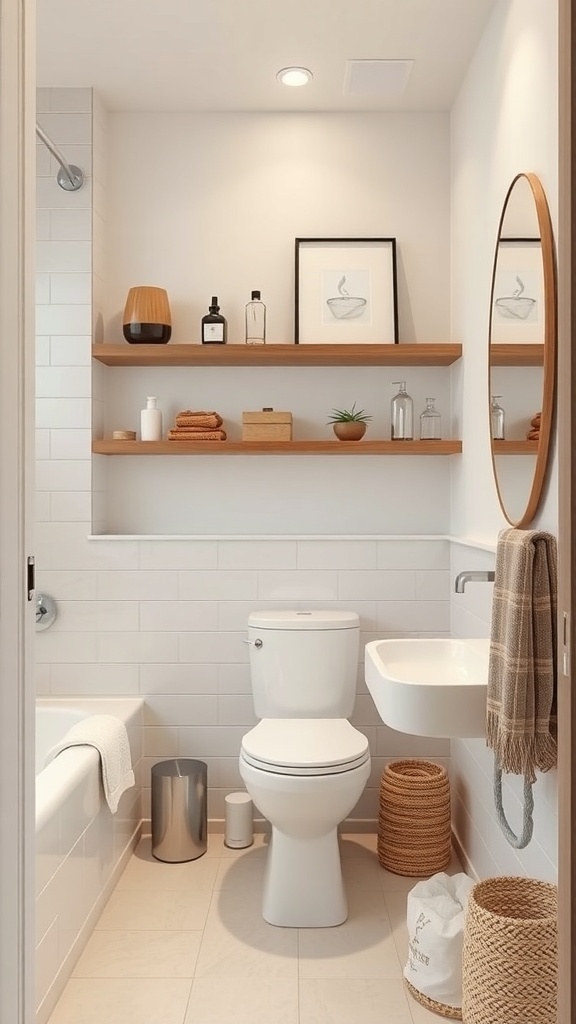 A small, modern ensuite bathroom featuring floating wooden shelves, a frameless mirror, and minimalist decor.