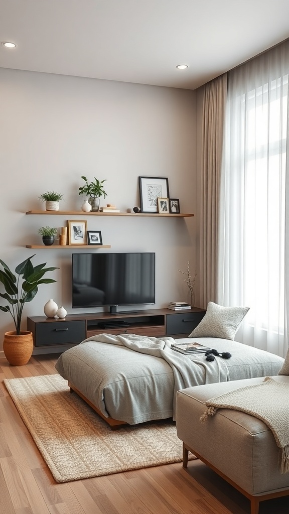 A minimalist living room featuring floating shelves with plants and framed photos.