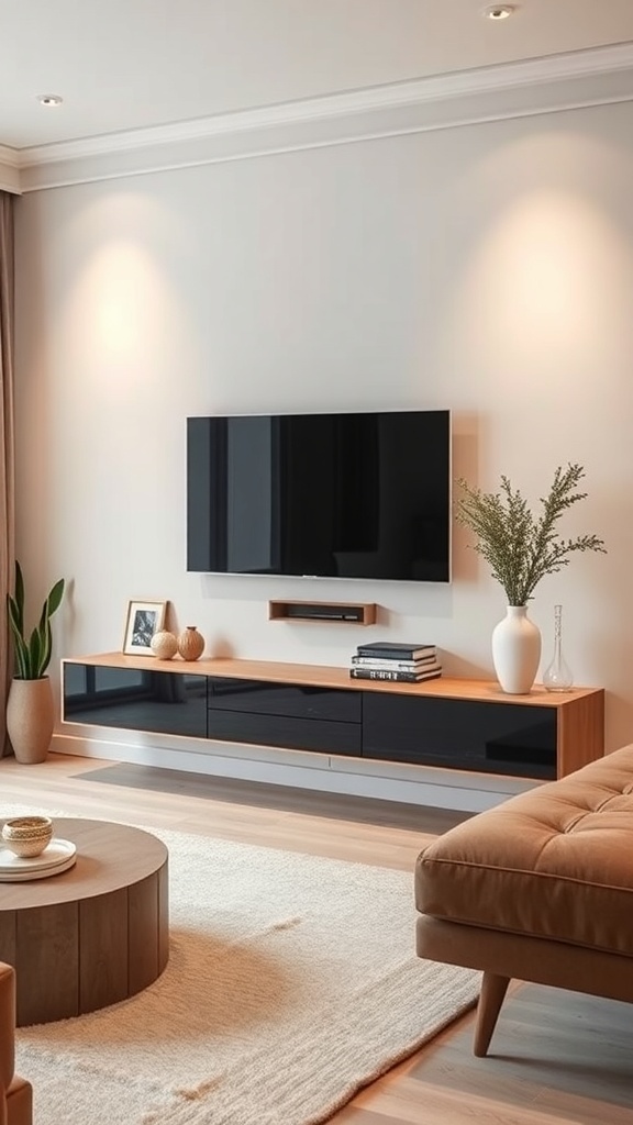 Modern floating TV unit with a mounted television and minimalist decor