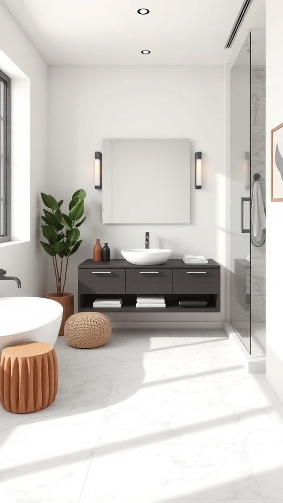A modern tiny ensuite bathroom featuring a floating vanity, sleek sink, and stylish decor.