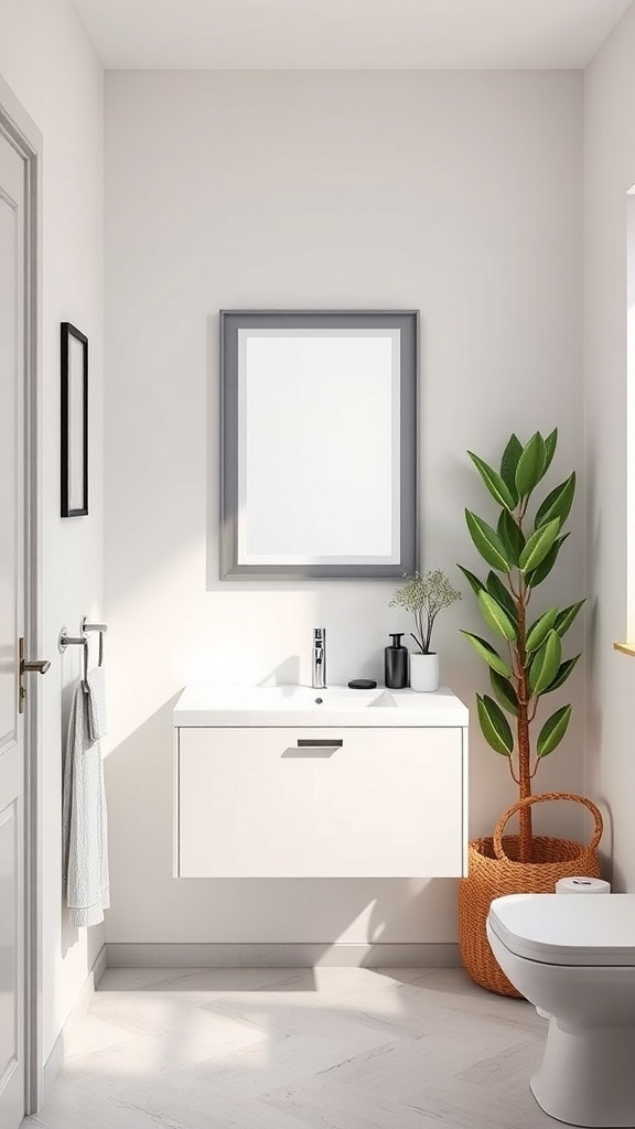 A sleek, modern floating vanity in a tiny bathroom setting with a potted plant.